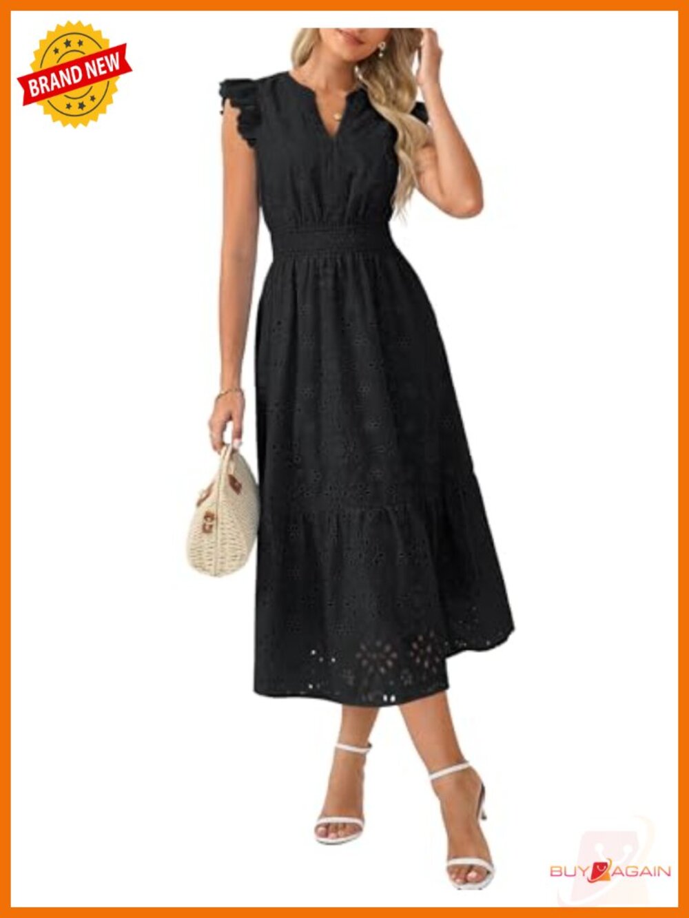 Womens Summer Maxi Eyelet Boho Beach Dress Smocked A-Line Flutter Sleeve